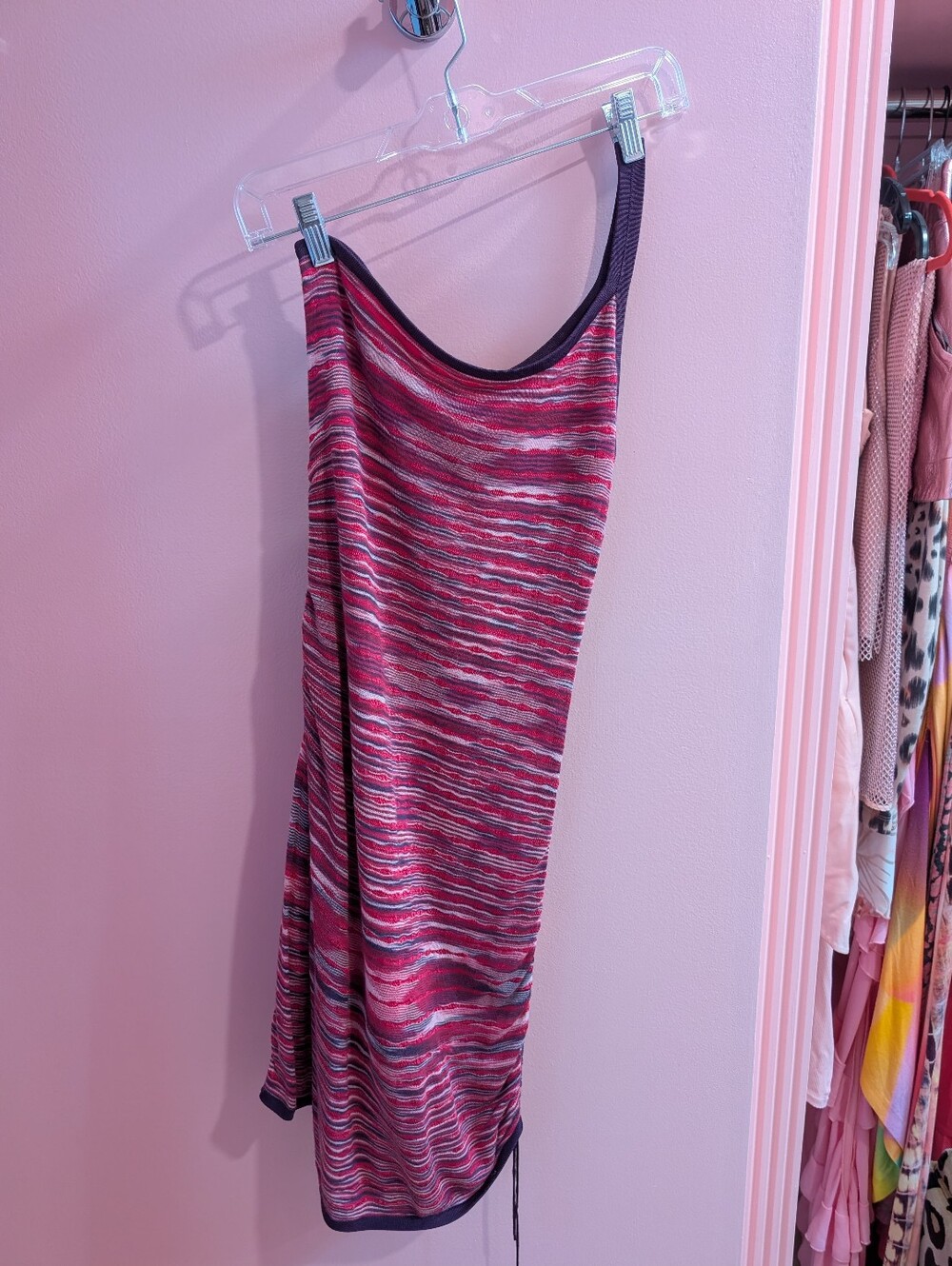 Guess Pink Purple One Shoulder Striped Knit Tank Dress